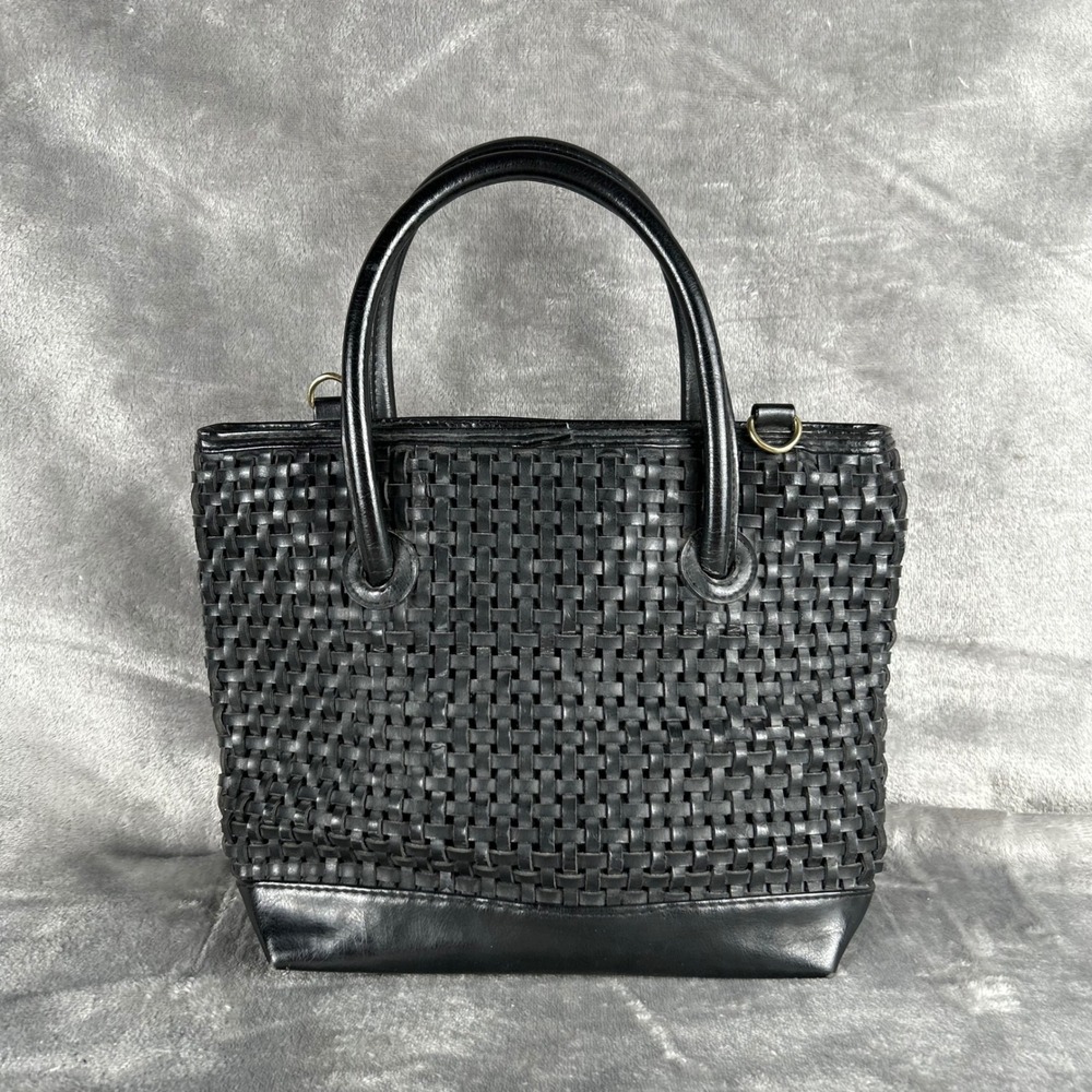 Vintage Jackson Black Woven Faux Leather Tote Handbag Top Handle Basketweave Bag